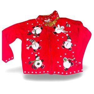 Ugly Christmas Sweater with Snowmen: Full Zip: Added Tinsel: Large